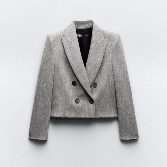 ZARA CROPPED HERRINGBONE DOUBLE BREASTED BLAZER - Picture 1 of 5